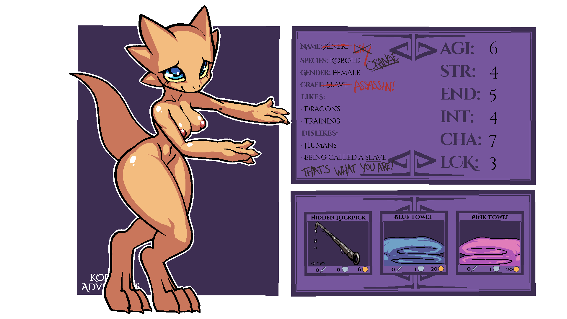 3_toes 4_fingers anthro blue_eyes breasts claws feet female fingers hi_res horn kobold kobold_adventure lizard model_sheet nude orange_(kobold_adventure) orange_body quitetricky reptile scalie simple_background solo story story_in_description text toes video_games yellow_sclera