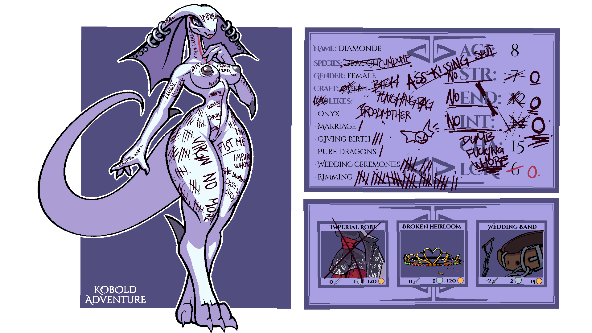 16:9 3_toes 4_fingers alpha_channel anthro blue_eyes body_writing breasts diamonde_(kobold_adventure) dragon english_text eyeshadow feet female fingers genitals hi_res kobold_adventure lizard makeup nude pussy quitetricky reptile royalty scalie simple_background solo story story_in_description text toes video_games white_body widescreen