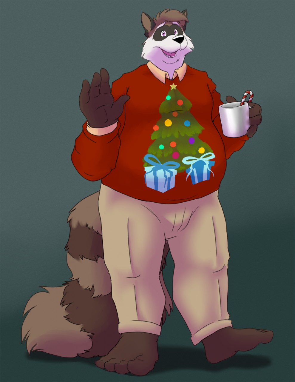 2017 anthro bottomwear bravo brown_body brown_fur christmas christmas_tree clothing cup fur hi_res holidays humanoid_hands male mammal overweight overweight_male pants plant procyonid raccoon simple_background solo sweater topwear tree white_body white_fur