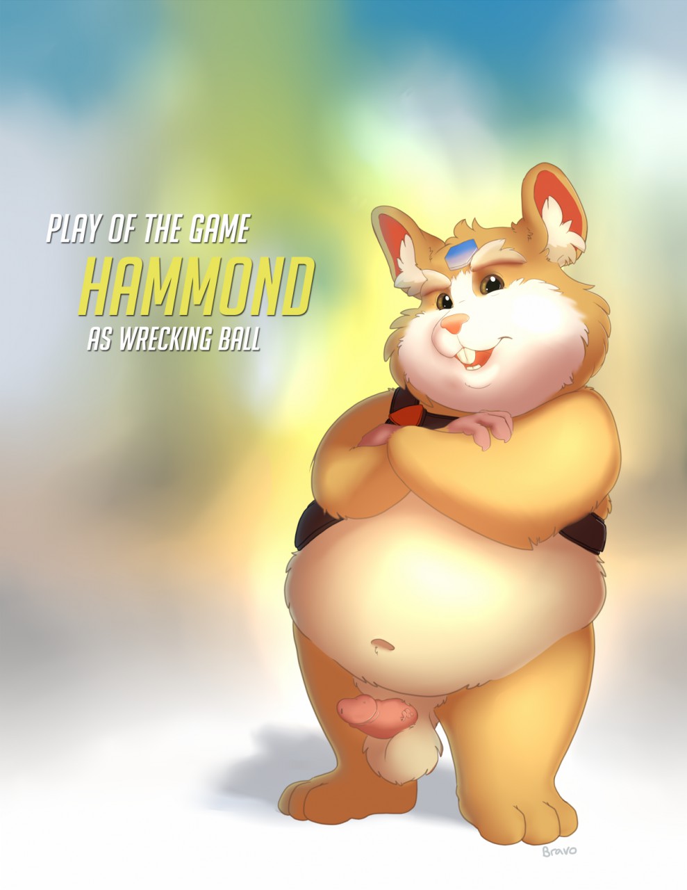 2018 anthro balls belly blizzard_entertainment bravo brown_body brown_fur cricetid english_text erection fur genitals hammond_(overwatch) hamster hi_res male mammal navel overwatch overweight overweight_male penis rodent solo text video_games