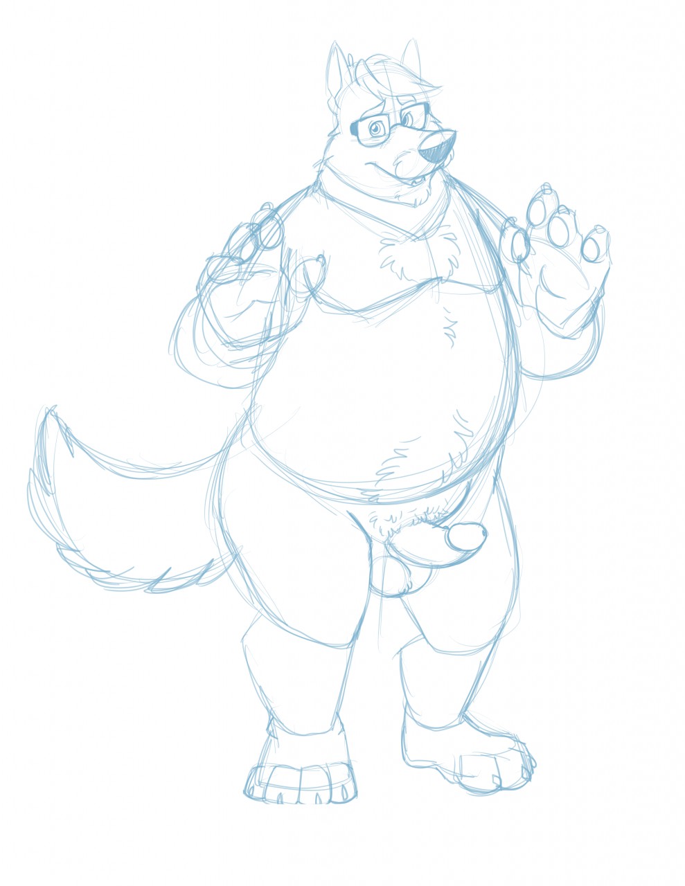 2018 anthro balls belly bravo canid canine canis erection eyewear genitals glasses hi_res humanoid_genitalia humanoid_hands humanoid_penis male mammal mature_male moobs overweight overweight_male penis simple_background sketch solo white_background wolf