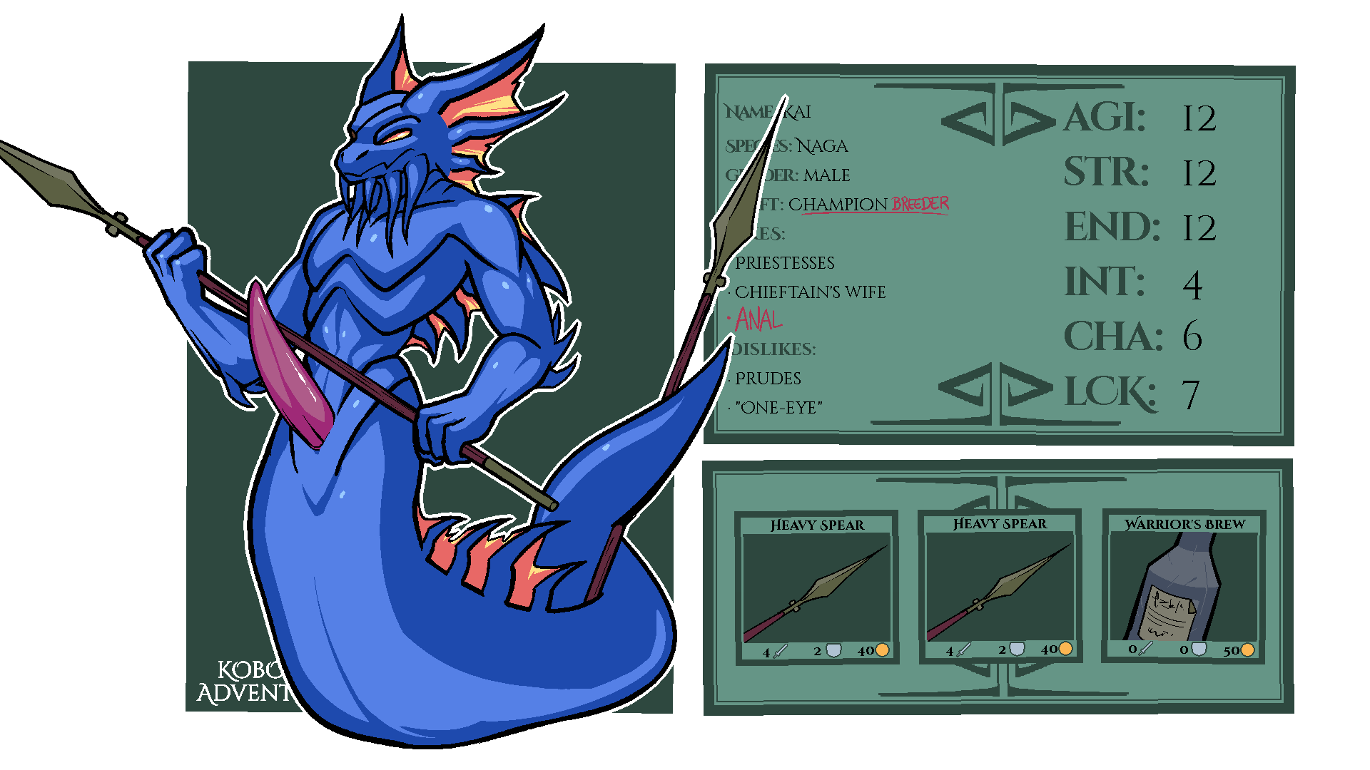 apode blue_body draconcopode erection eye_patch eyewear genitals hi_res kai_(kobold_adventure) kobold_adventure legless male melee_weapon model_sheet muscular naga nude penis polearm quitetricky reptile scalie serpentine simple_background snake solo spear story story_in_description text video_games weapon yellow_eyes