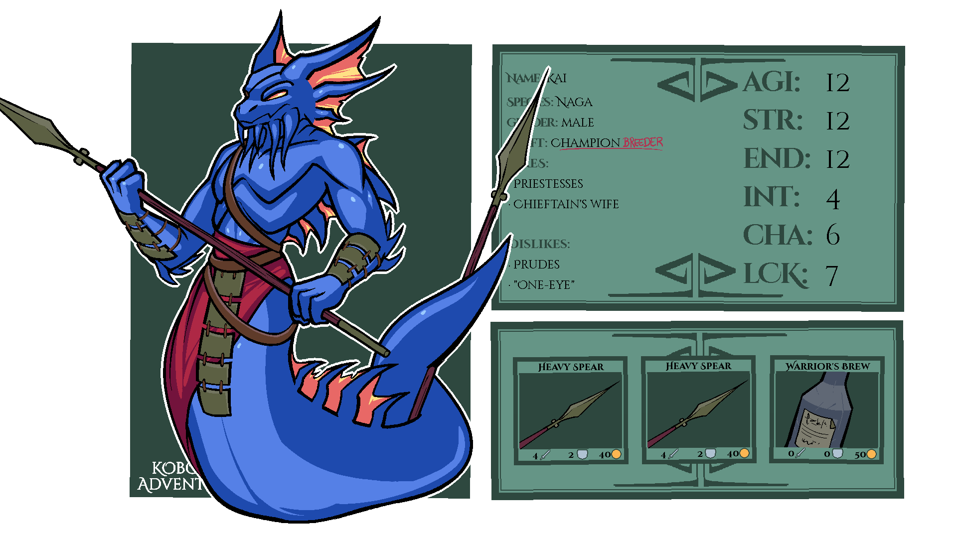 apode armor blue_body clothing draconcopode eye_patch eyewear hi_res kai_(kobold_adventure) kobold_adventure legless male melee_weapon model_sheet muscular naga polearm quitetricky reptile scalie serpentine simple_background snake solo spear story story_in_description text video_games weapon yellow_eyes