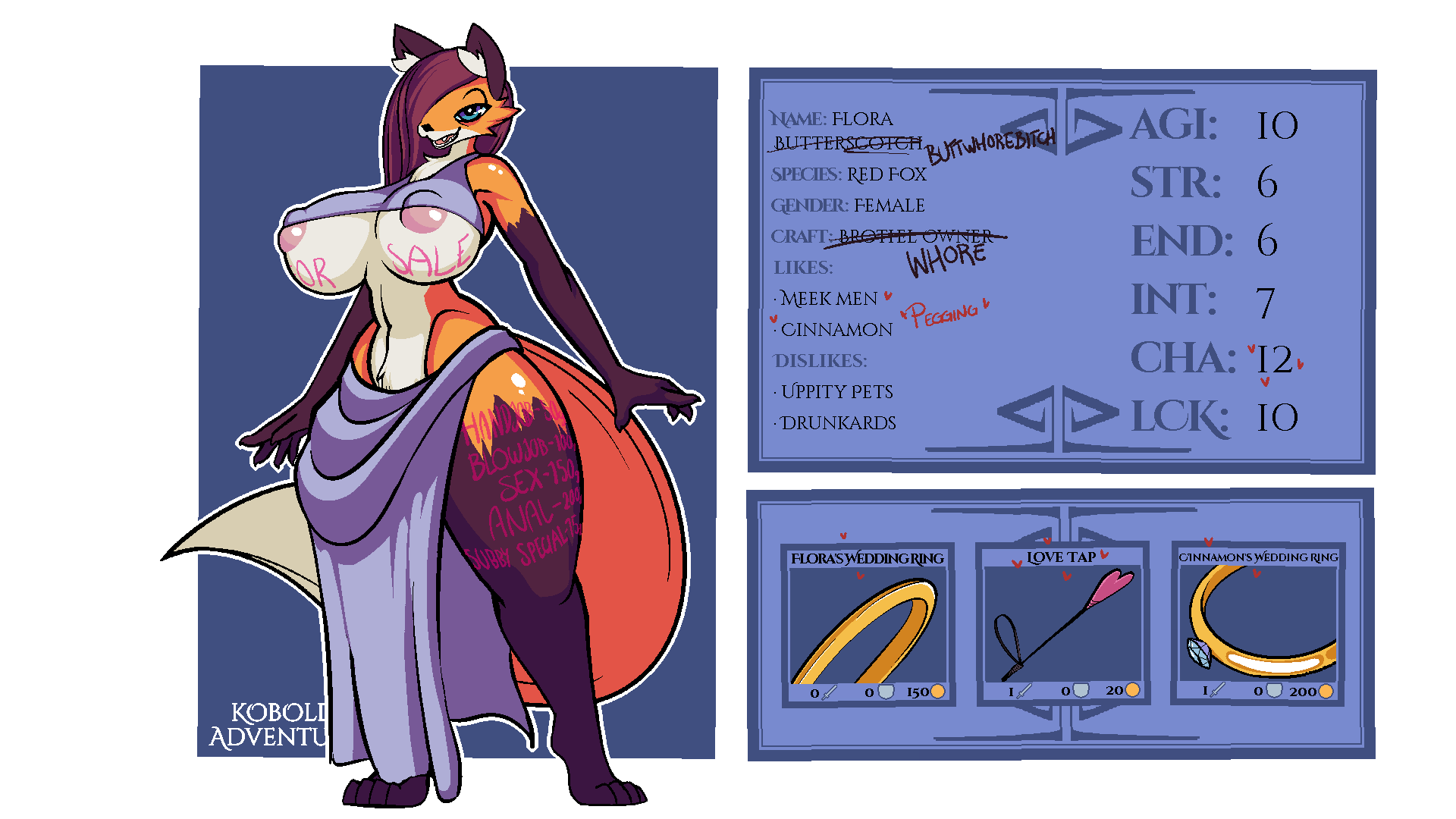 16:9 4_toes 5_fingers alpha_channel anthro big_breasts blue_eyes body_writing breasts canid canine english_text feet female fingers flora_(kobold_adventure) fox hi_res inner_ear_fluff kobold_adventure mammal mature_female model_sheet mostly_nude nipples quitetricky red_fox simple_background solo story story_in_description text thick_thighs toes tuft under_boob video_games widescreen