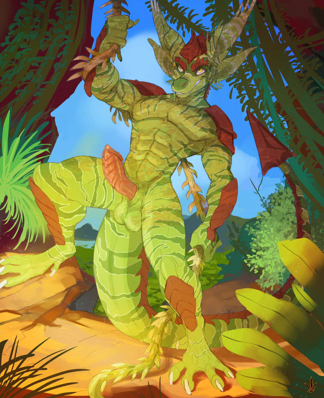 anthro armor balls biped blue_sky claws cliff day detailed_background digital_media_(artwork) dragon erection finger_claws full-length_portrait genitals green_body green_scales green_stripes hi_res jungle looking_at_viewer male monotone_claws monotone_eyes mostly_nude muscular muscular_anthro muscular_male outside penis plant portrait scales scalie shaded shoulder_guard sky solo standing stripes teeth thedinosaurmann toe_claws vines white_claws yellow_eyes