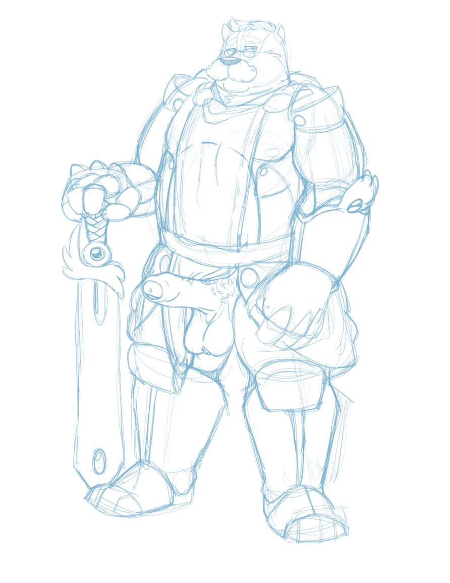 2018 anthro armor badger balls bravo erection eyewear facial_hair genitals glasses male mammal mature_male melee_weapon musclegut mustache mustelid musteline paladin penis simple_background sketch solo sword weapon white_background