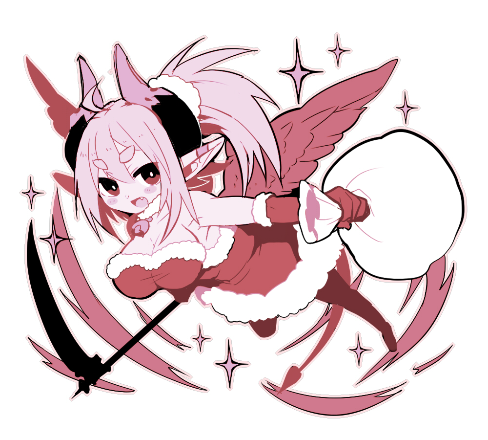 2015 blush breasts clothing costume cute_fangs female flying horn humanoid humanoid_pointy_ears looking_at_viewer melee_weapon mofuaki not_furry open_mouth polearm santa_costume scythe simple_background smile solo weapon white_background winged_humanoid wings