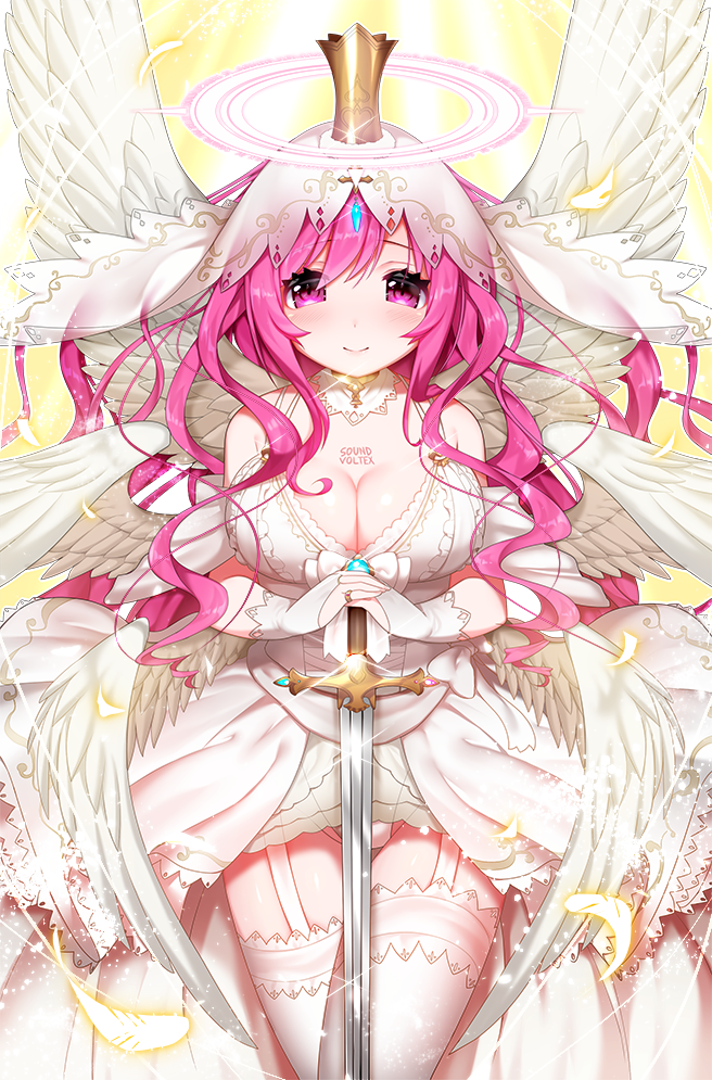 2018 clothing crown english_text feathered_wings feathers female hallo humanoid looking_at_viewer melee_weapon mofuaki smile solo sword text weapon winged_humanoid wings