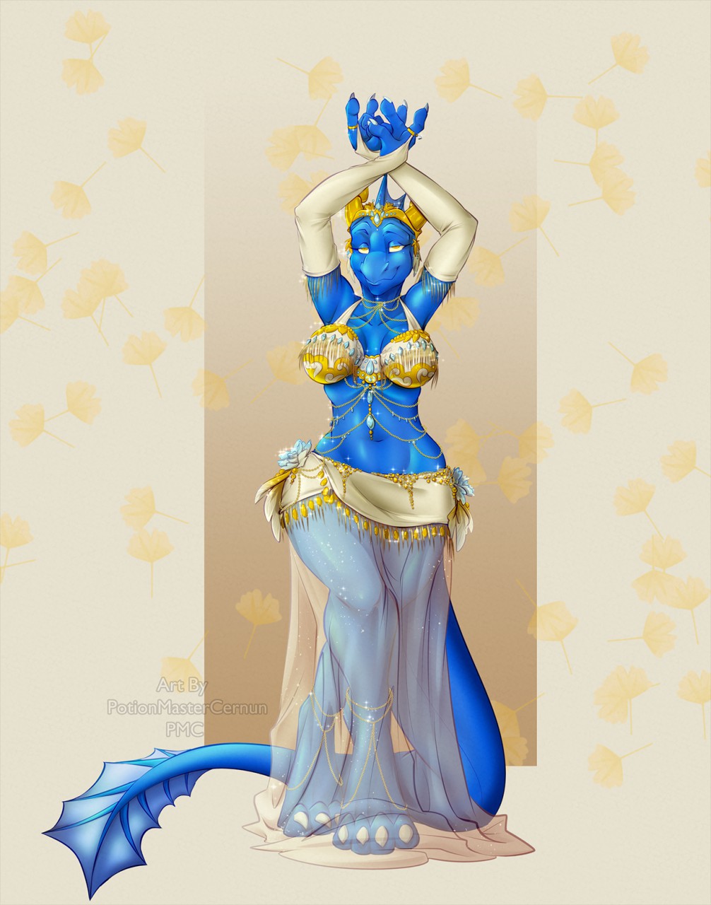 4_fingers 4_toes anthro belly_dancer blue_body breasts clothed clothing dragon feet female fingers hi_res jewelry looking_at_viewer potionmastercernun scalie signature smile solo standing toes western_dragon wingless_dragon yellow_eyes