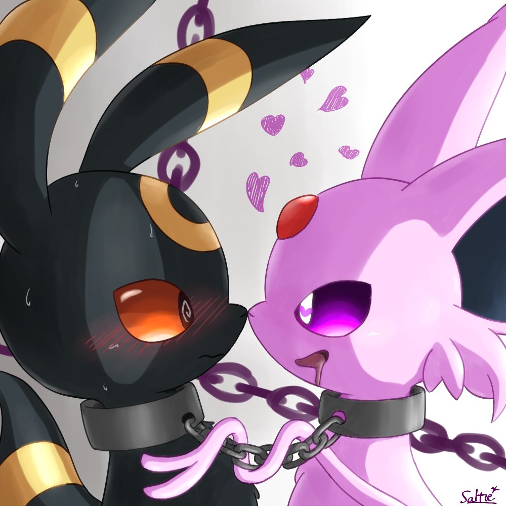 &lt;3 &lt;3_eyes 1:1 ambiguous/ambiguous ambiguous_gender bdsm black_body black_fur blush bodily_fluids bondage bound canid canine chain duo eeveelution espeon felid feline feral feral_on_feral fur hair mammal markings megane_salty13 nintendo nose_to_nose open_mouth pink_body pink_fur pink_hair pok&eacute;mon pok&eacute;mon_(species) signature stuck submissive sweat three-quarter_view umbreon video_games yellow_markings