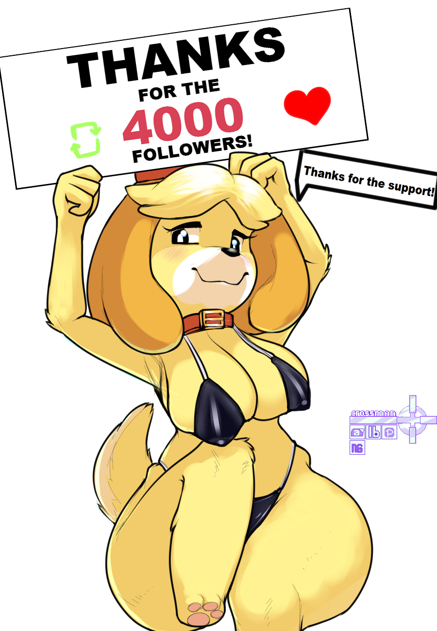 animal_crossing anthro big_breasts bikini black_bikini black_clothing black_swimwear blush breasts canid canine canis clothing collar crossman domestic_dog english_text female hi_res holding_object holding_sign isabelle_(animal_crossing) looking_at_viewer mammal nintendo nipple_outline one_leg_up raised_leg simple_background smile solo swimwear text thick_thighs video_games white_background wide_hips