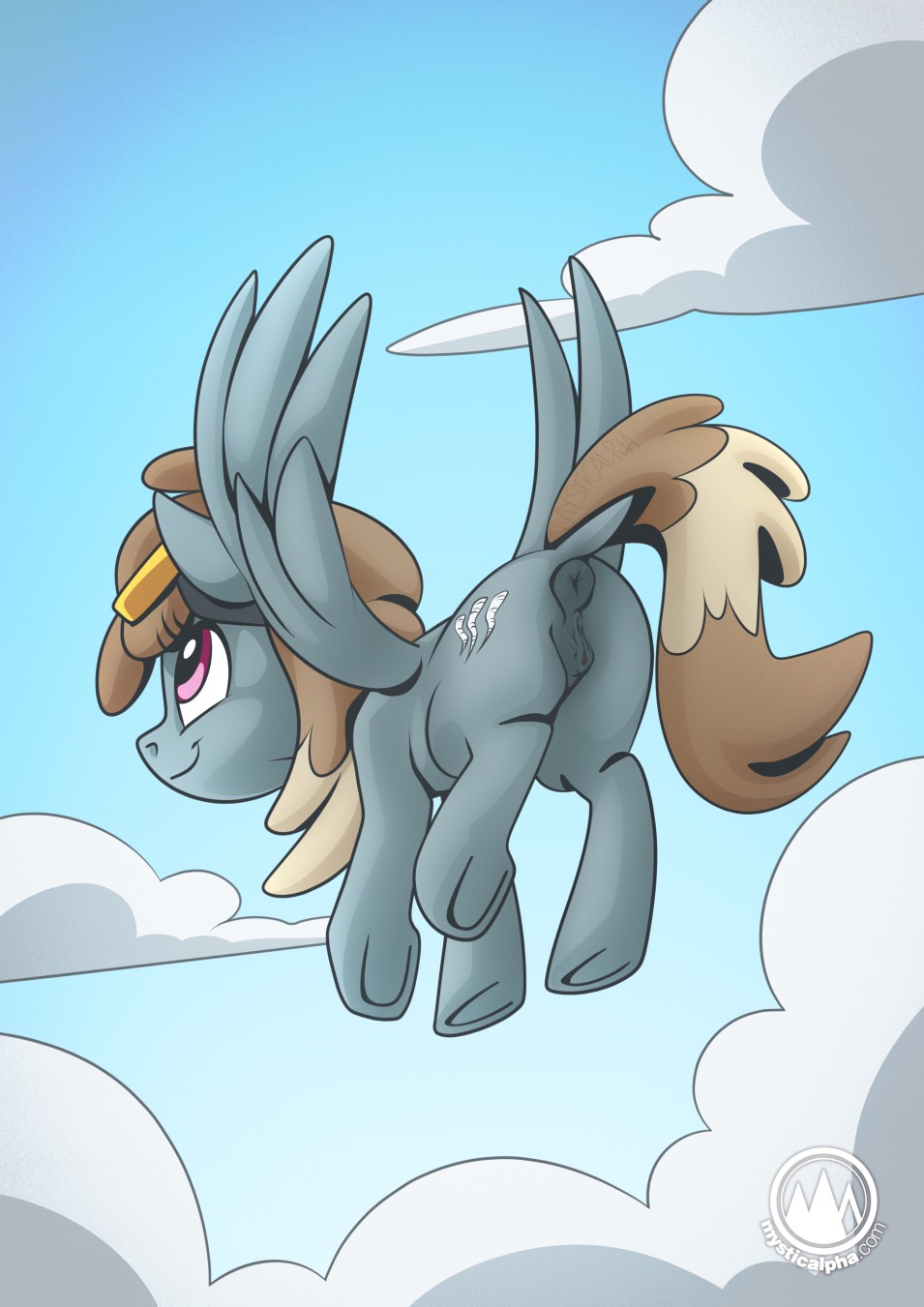 anus brown_hair cloud cutie_mark dust_devil_(mlp) equid equine feathered_wings feathers female feral flying friendship_is_magic genitals grey_body grey_feathers grey_wings hair hasbro hi_res hooves mammal my_little_pony mysticalpha pegasus purple_eyes pussy quadruped smile solo wings
