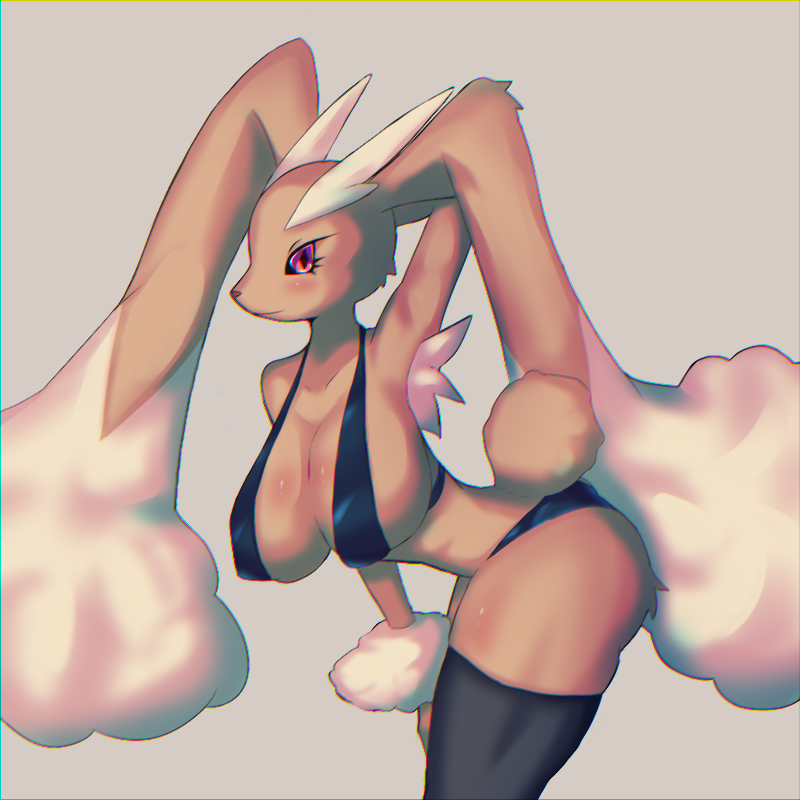 1:1 anthro big_breasts biped breasts chatora_(pixiv) chromatic_aberration cleavage clothed clothing digital_drawing_(artwork) digital_media_(artwork) eyelashes female legwear lopunny monotone_body nintendo nipple_outline pink_eyes pok&eacute;mon pok&eacute;mon_(species) portrait shaded simple_background soft_shading solo standing tan_body thigh_highs three-quarter_portrait video_games white_background