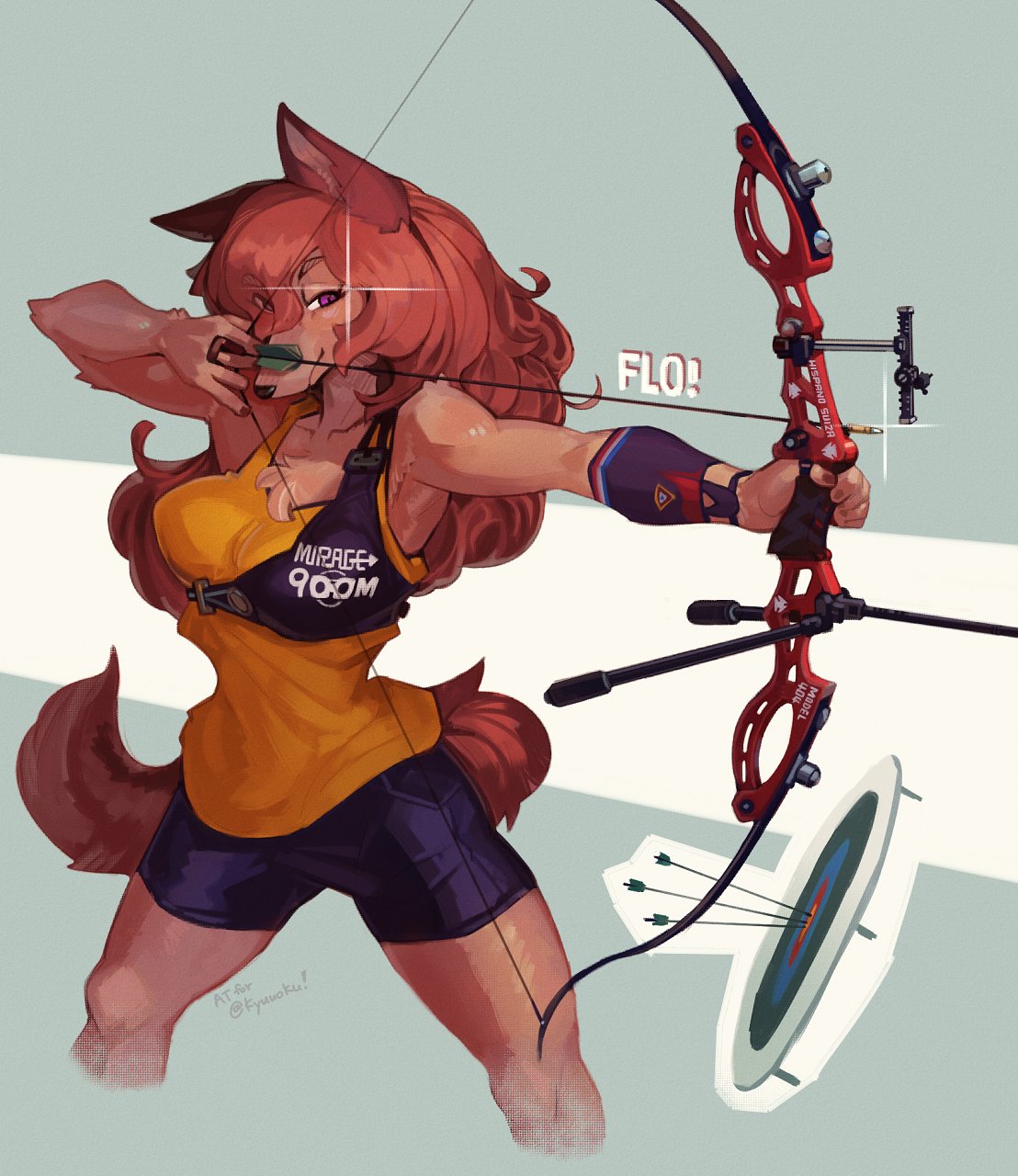 arrow bottomwear bow_(weapon) breasts canid canine canis chest_fur clothing female fur hair hi_res hideki_kaneda mammal pink_body pink_fur purple_eyes ranged_weapon red_body red_fur red_hair shorts solo target_practice weapon