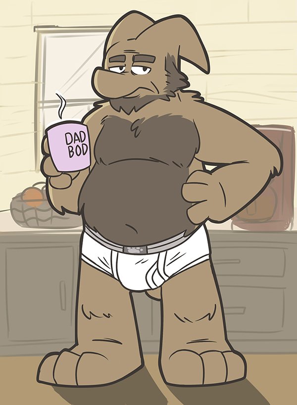 anthro beard briefs brown_body brown_fur brown_hair clothed clothing coffee_cup cole_(goronic) dad_bod english_text facial_hair footprint frown fur hair hand_on_side heyitscousindave male overweight overweight_male pawprint shdow sideburns solo text tighty_whities underwear underwear_only white_briefs white_clothing white_underwear
