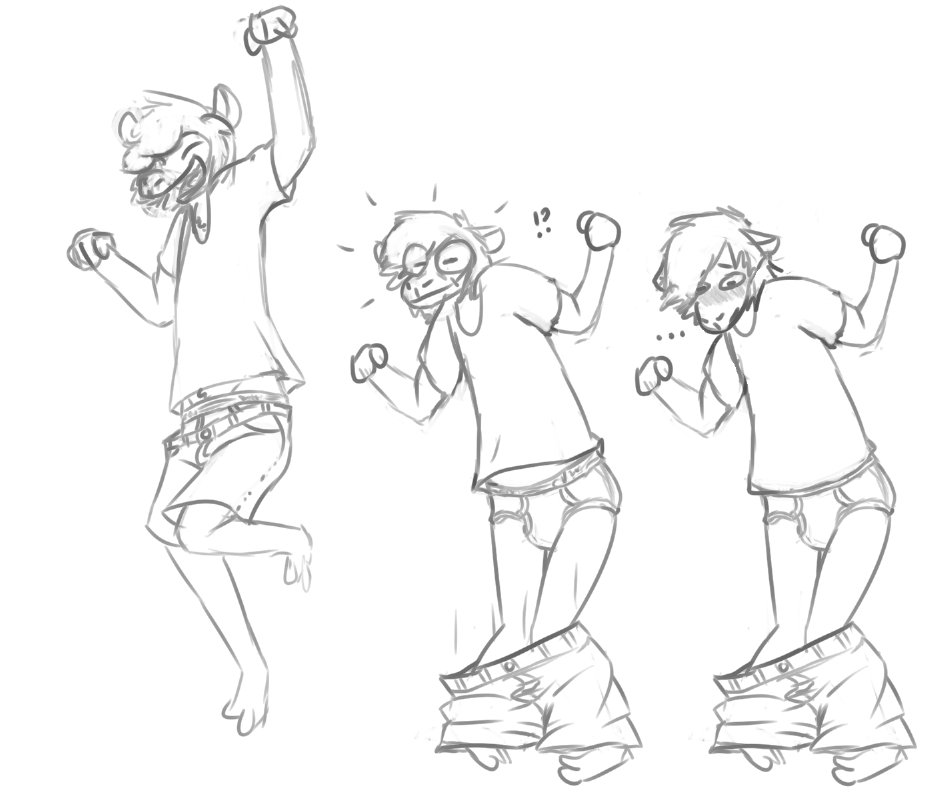 anthro assisted_exposure barefoot black_and_white blush bottomwear briefs bulge capra_kid clothing embarrassed eyes_closed feet happy jumping male monochrome pantsing shirt shocked shorts simple_background sketch solo topwear underwear white_background