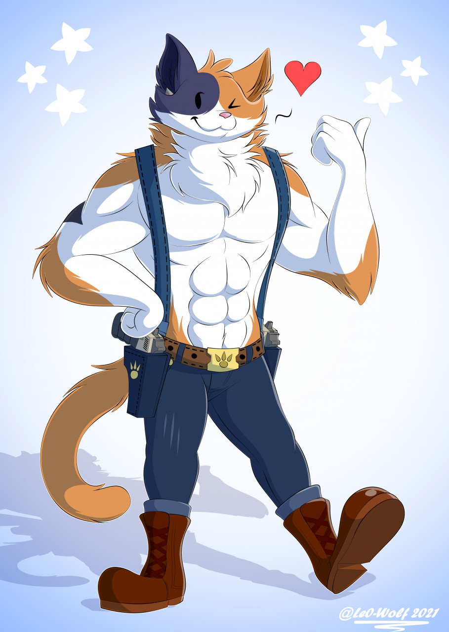 &lt;3 abs anthro belt belt_buckle biceps boots bottomwear calico_cat clothed clothing denim denim_clothing domestic_cat dot_eyes epic_games felid feline felis footwear fortnite fully_clothed fur gesture gun gun_holster hand_on_hip hi_res jeans leo-wolf male mammal meowscles_(fortnite) mottled muscular muscular_anthro muscular_male one_eye_closed orange_body orange_fur pants pecs piebald raised_foot ranged_weapon shirtless simple_background solo star suspenders tattoo thumbs_up video_games weapon white_body white_fur wink