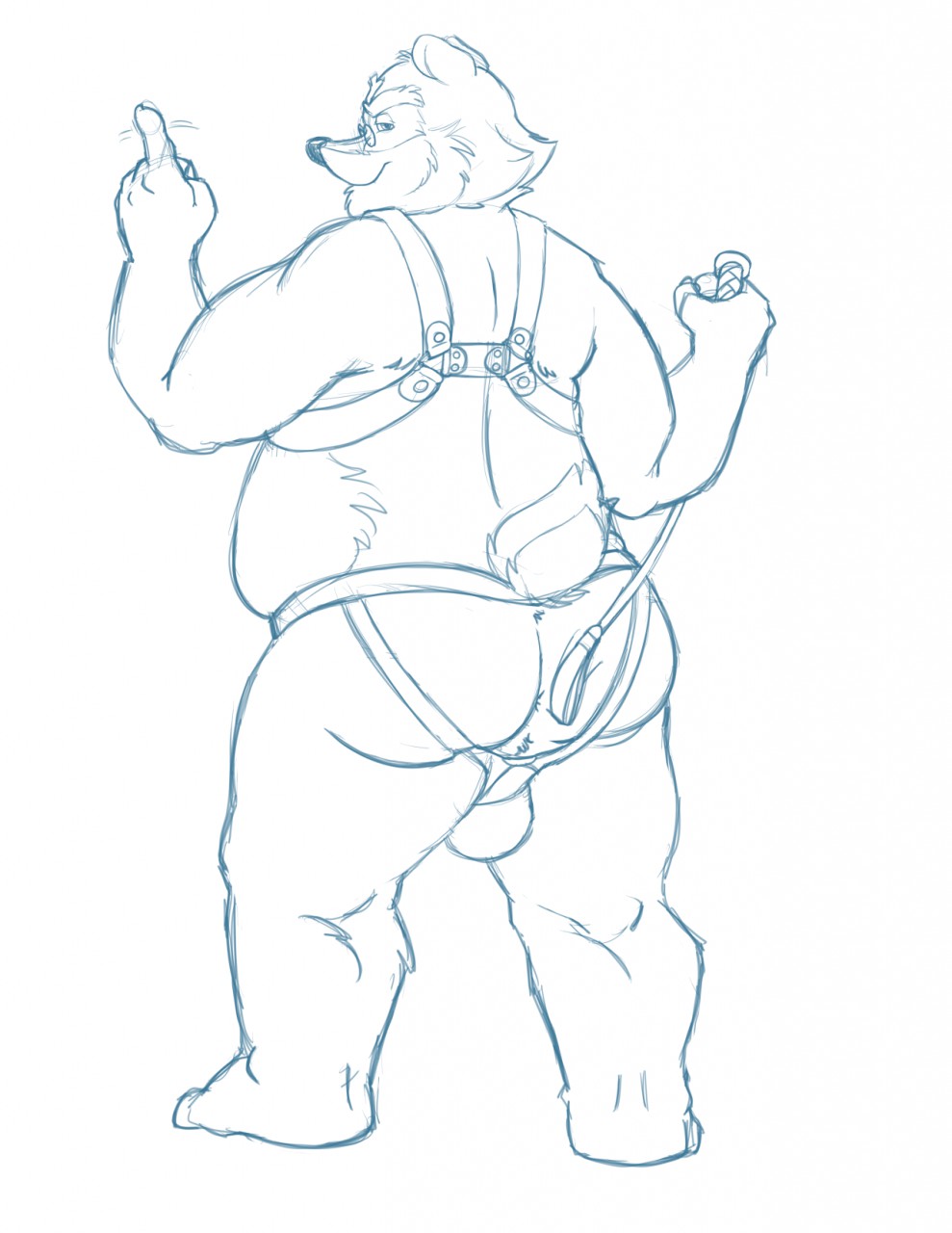 2018 anthro badger balls belly bravo butt clothing eyewear genitals glasses hi_res humanoid_hands jockstrap male mammal mature_male mustelid musteline overweight overweight_male simple_background sketch solo underwear white_background