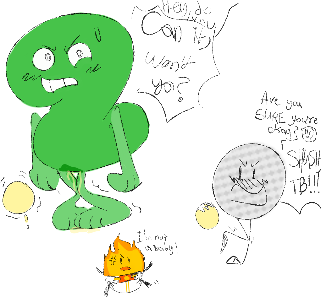 algebralien animate_inanimate battle_for_dream_island bladder bodily_fluids desperation diaper firey_jr_(bfb) full_bladder genital_fluids golf_ball_(bfdi) inanimate_object lemonpee object_shows omorashi organs two_(bfb) urine wetting