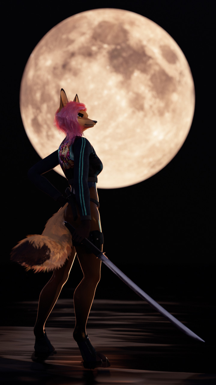 3d_(artwork) 9:16 anthro boots bottomwear canid canine canis claws clothed clothing digital_media_(artwork) female footwear fox fur hair hi_res impreza legwear mammal melee_weapon moon multicolored_body multicolored_fur outside pink_hair simple_background solo sword tan_body tan_fur tights topwear tridognait water weapon