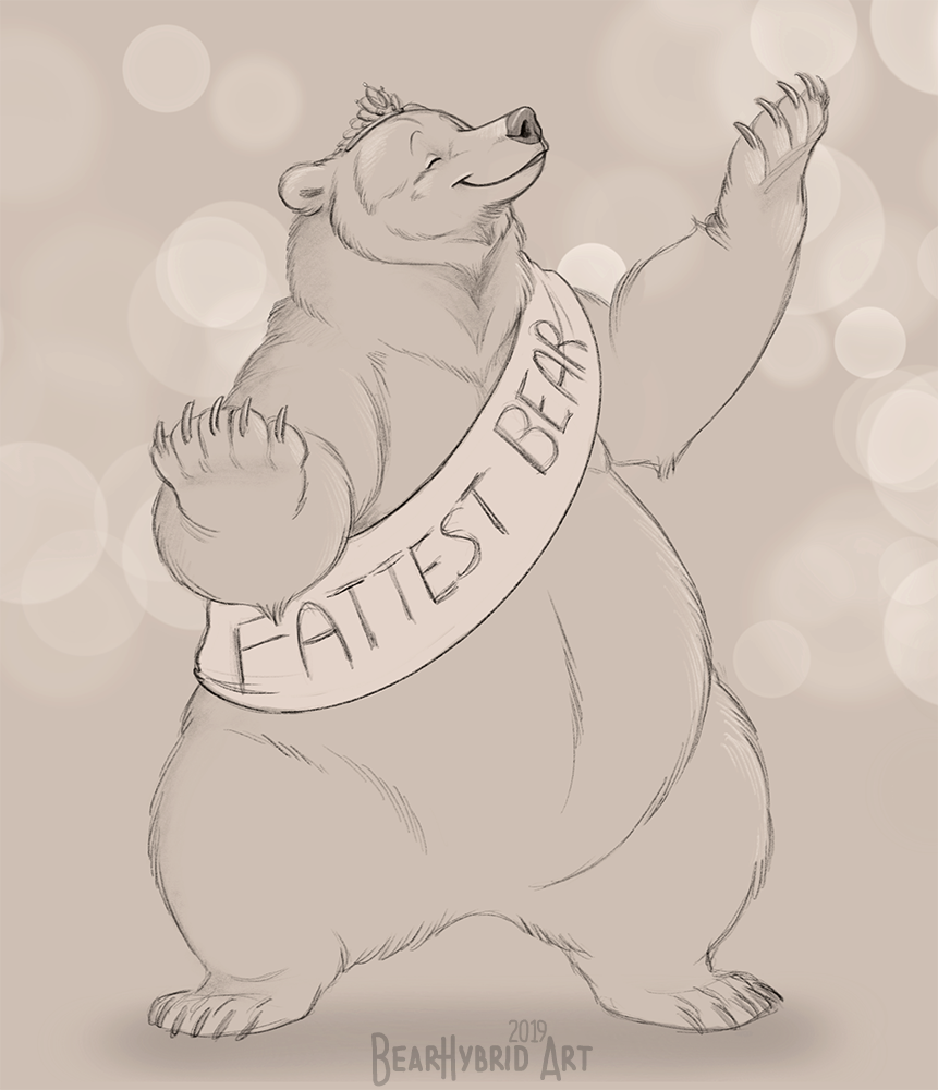 2019 435_holly 5_fingers 5_toes ambiguous_gender bearhybrid belly big_belly biped brown_bear claws crown dated digital_media_(artwork) english_text eyebrows eyes_closed featureless_crotch feet female_(lore) feral finger_claws fingers front_view fur grey_background greyscale mammal monochrome overweight overweight_ambiguous overweight_feral plantigrade sash semi-anthro signature simple_background smile solo standing story story_in_description text tiara toe_claws toes ursid ursine