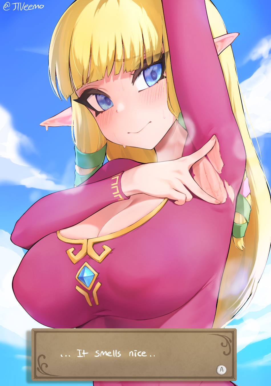 armpit_fetish big_breasts blonde_hair blue_eyes blue_sky blush bodily_fluids breasts cleavage clothed clothing cloud day detailed_background digital_drawing_(artwork) digital_media_(artwork) elf english_text eyebrows eyelashes female gem hair half-length_portrait hi_res humanoid humanoid_pointy_ears hylian jtveemo light_body long_hair monotone_hair musk nintendo nipple_outline not_furry outside pink_clothing portrait presenting presenting_armpit princess_zelda raised_arm shaded signature sky skyward_sword smell soft_shading solo sweat sweaty_armpit text text_box the_legend_of_zelda torn_clothing video_games