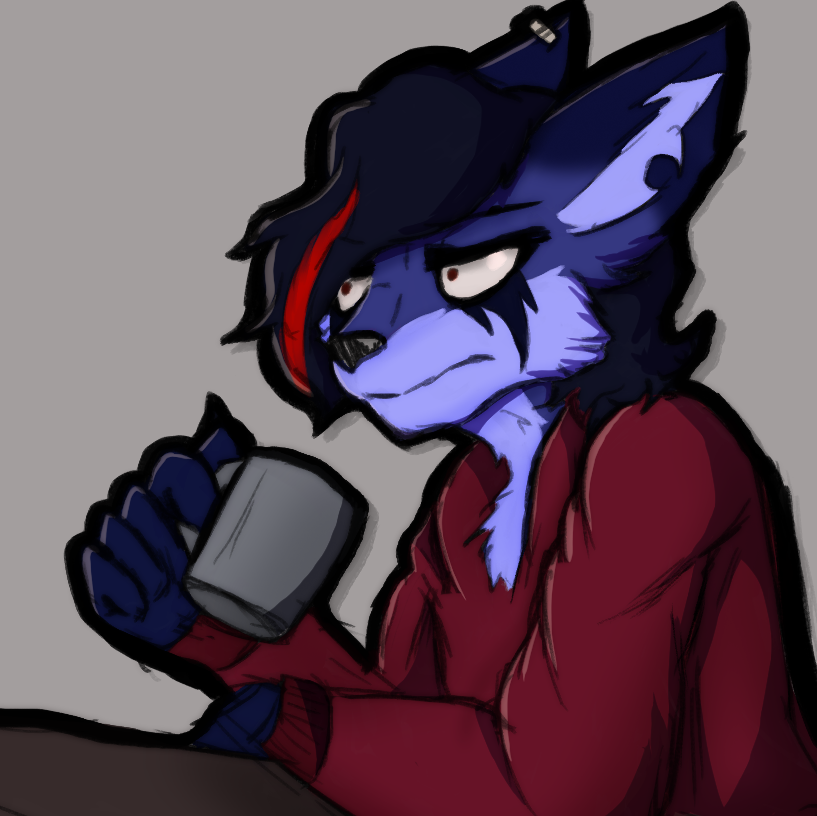 2021 aeri_aosune anthro beverage blue_body blue_fur blue_hair canid canine cheek_tuft chest_tuft clothed clothing coffee countershading cup curled_hair ear_piercing edgeartstation eyeshadow facial_tuft female fox frown fur hair hellstorm highlights_(coloring) holding_cup holding_object icon inner_ear_fluff makeup mammal markings multicolored_body multicolored_fur piercing reaction_image short_hair sitting solo stare sweater topwear tuft two_tone_body two_tone_fur