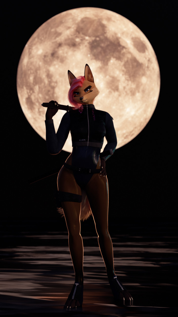 3d_(artwork) 9:16 anthro boots bottomwear canid canine canis claws clothed clothing digital_media_(artwork) female footwear fox fur hair hi_res impreza legwear mammal melee_weapon moon multicolored_body multicolored_fur outside pink_hair simple_background solo sword tan_body tan_fur tights topwear tridognait water weapon