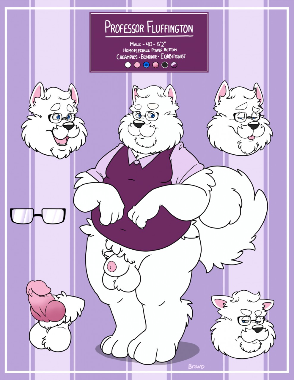 2019 animal_genitalia animal_penis anthro balls bottomless bravo canid canine canis clothed clothing domestic_dog erection eyewear facial_hair fur genitals glasses hi_res male mammal mature_male model_sheet mustache overweight overweight_male penis shirt small_penis solo topwear white_body white_fur