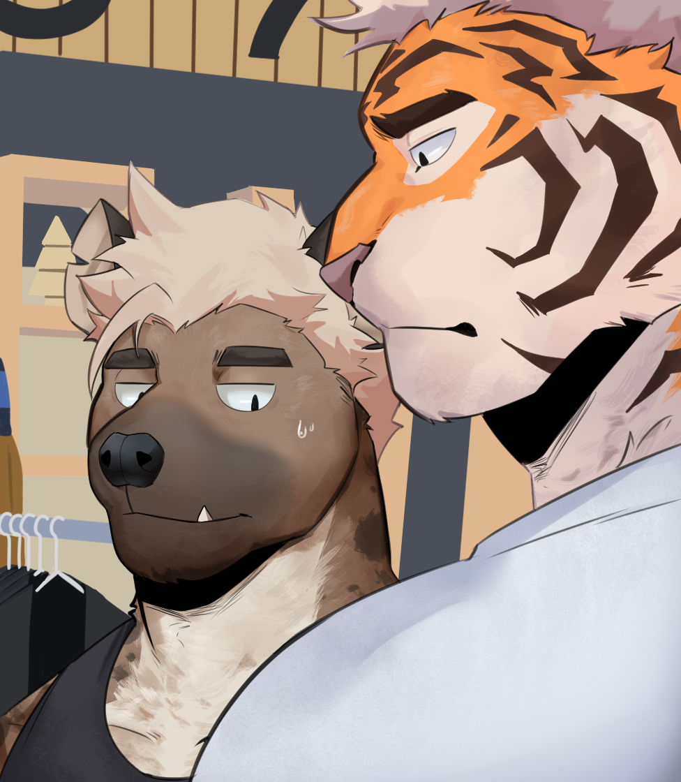 2021 anthro clothed clothing felid fur girl_staring_at_man's_chest group hair hyaenid ixkouu male mammal muscular muscular_anthro muscular_male pantherine tiger