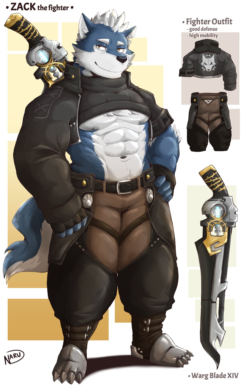 abs anthro canid canine canis english_text fur hi_res male mammal model_sheet muscular muscular_male naruever pecs solo text wolf zack_(naruever)