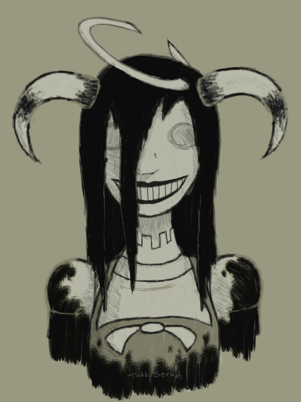 2018 2_horns alice_angel alternate_form animate_inanimate arm_markings artist_name bangs bendy_and_the_ink_machine black_hair black_lipstick black_markings bow_tie brown_background bust_portrait clothed clothing creepy curled_horn dark_hair demon demon_humanoid digital_drawing_(artwork) digital_media_(artwork) eyeless female female_(lore) front_view grin hair hair_between_eyes halo hatching_(art) head_horn horn horn_markings horned_humanoid humanoid light_body light_horn lipstick long_bangs long_hair looking_at_viewer makeup mannequin markings monochrome monotone_hair multicolored_horn not_furry portrait sepia shaded shirt simple_background smile solo tabbyseraph tank_top teeth topwear two_tone_horn video_games