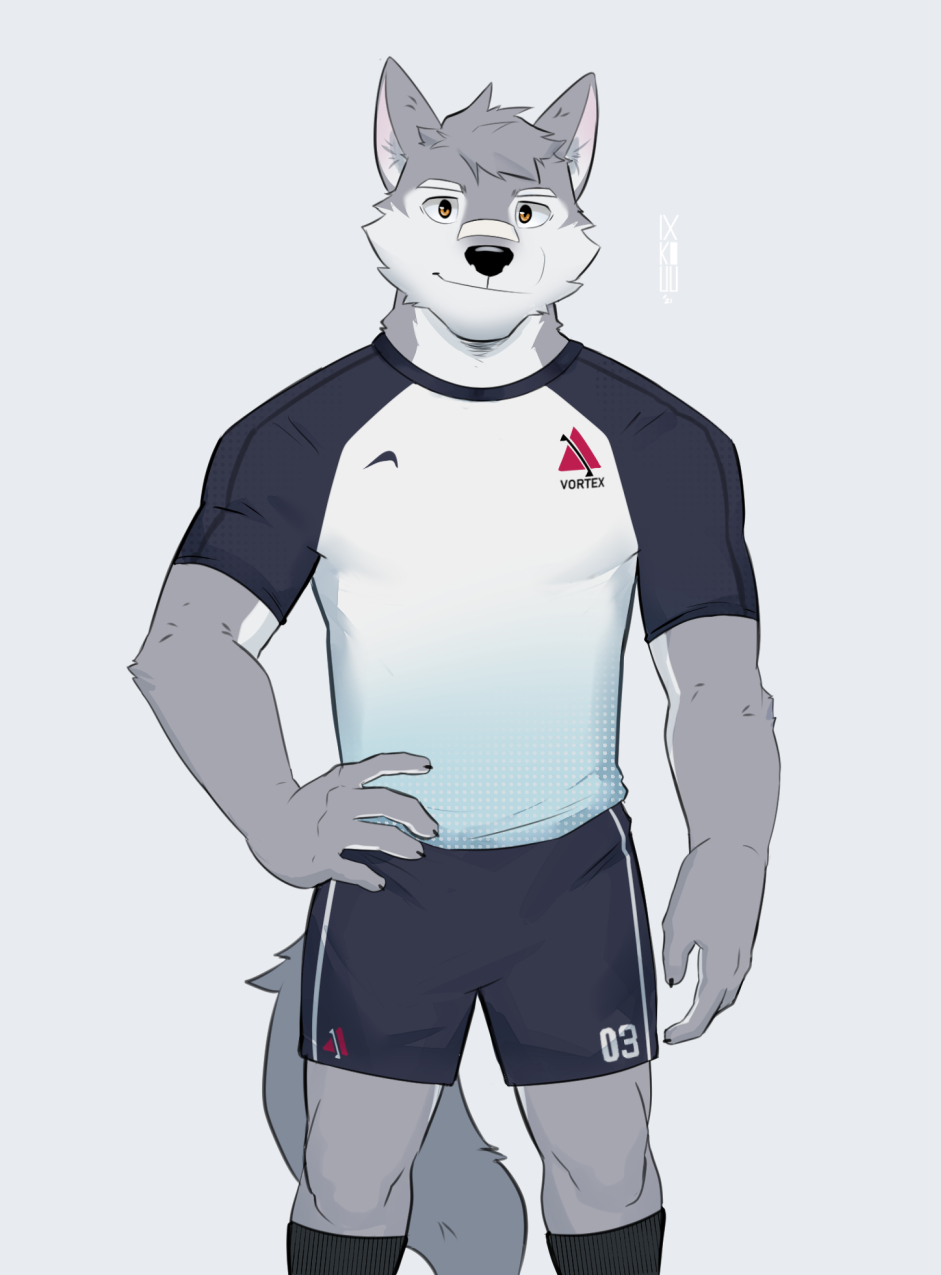 2021 anthro canid canine clothing digital_media_(artwork) fur hi_res ixkouu male mammal simple_background solo sportswear uniform