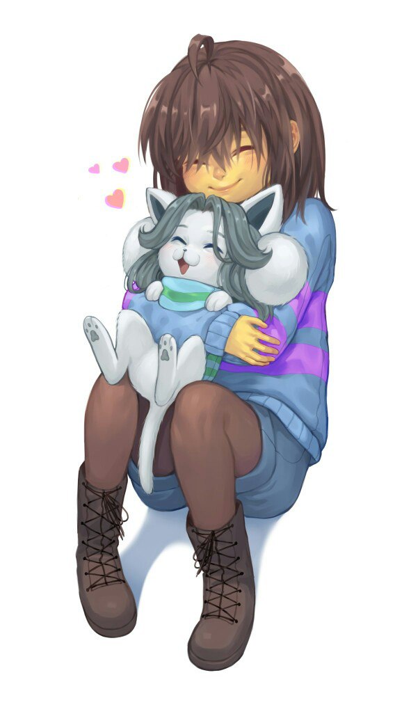 &lt;3 5_fingers bloomth boots brown_boots brown_clothing brown_footwear brown_hair canid canine clothed clothing duo eyes_closed felid feline female fingers footwear fur grey_hair grey_pawpads hair hug hugging_from_behind human mammal open_mouth pawpads protagonist_(undertale) simple_background smile tem temmie_(undertale) topwear undertale video_games white_background white_body white_fur