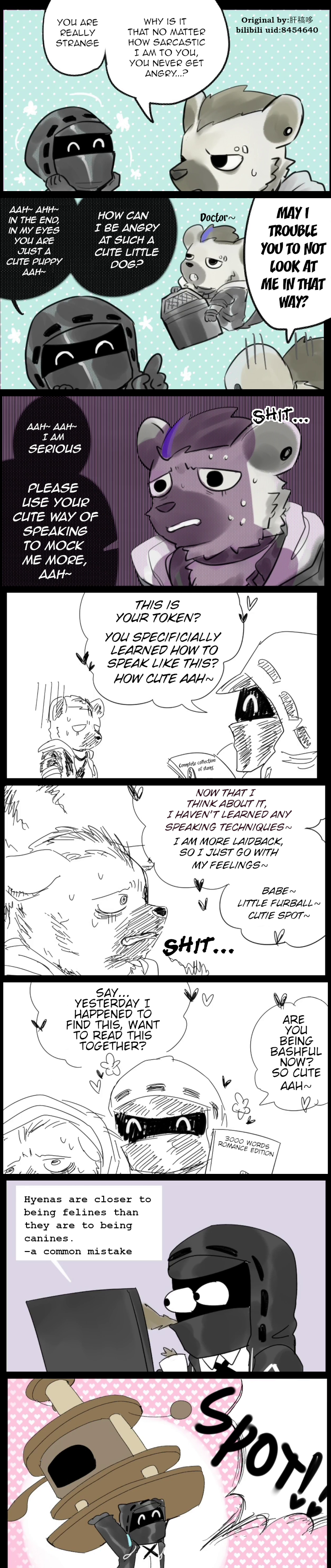 absurd_res ambiguous_gender anthro arknights bodily_fluids clothed clothing comic doctor_(arknights) duo edit english_text fur gloves grey_body grey_fur handwear hard_translated hi_res human humor hyaenid hypergryph long_image male mammal piercing spot_(arknights) spotted_hyena studio_montagne sweat tall_image text topwear translated video_games