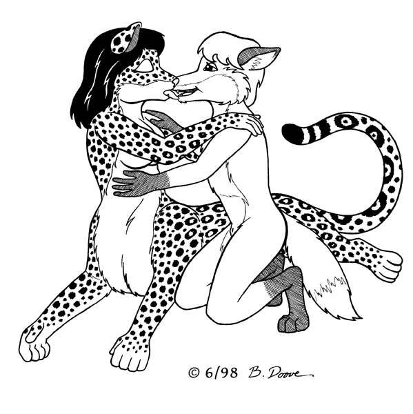 1998 animal_genitalia anthro anthro_on_taur bernard_doove breasts canid canine chakat chakona_space dipstick_tail duo felid felid_taur female forestwalker fox fully_sheathed fur genitals gloves_(marking) hair herm_(lore) kissing kris_fletcher leg_markings male male/female mammal mammal_taur markings monochrome multicolored_tail nude sheath socks_(marking) taur