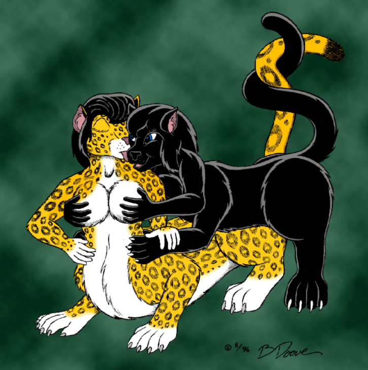 1996 bernard_doove black_body black_fur black_hair black_nose blue_eyes breast_grab breasts chakat chakona_space duo entwined_tails eyes_closed felid felid_taur female forestwalker fur hair hand_on_breast herm_(lore) licking mammal mammal_taur midnight_(goldfur) nude pink_nose sex spots spotted_body spotted_fur tail_coil taur tongue tongue_out yellow_body yellow_fur