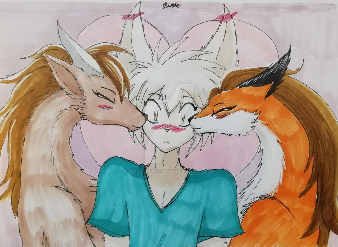 anthro basitin blackiedeathheart blush cute_face dragon female group horn huge_ears keith_keiser kissing laura_(twokinds) male natani species_transformation transformation twokinds webcomic