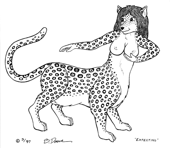 1997 bernard_doove breasts chakat chakona_space felid felid_taur female forestwalker fur greyscale hair herm_(lore) looking_back mammal mammal_taur monochrome nipples nude pregnant solo spots spotted_body spotted_fur taur