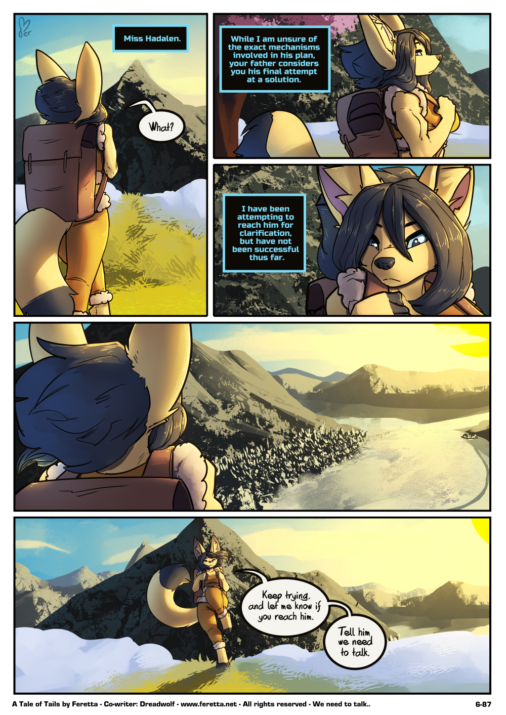 backpack black_hair blue_eyes canid canine clothing comic crop_top digital_media_(artwork) english_text female fenavi_montaro fennec feretta fox fur grass hair hi_res landscape mammal mountain muscular muscular_female plant scenery shaded shirt snow sunset tale_of_tails text topwear tree url webcomic yellow_body yellow_fur