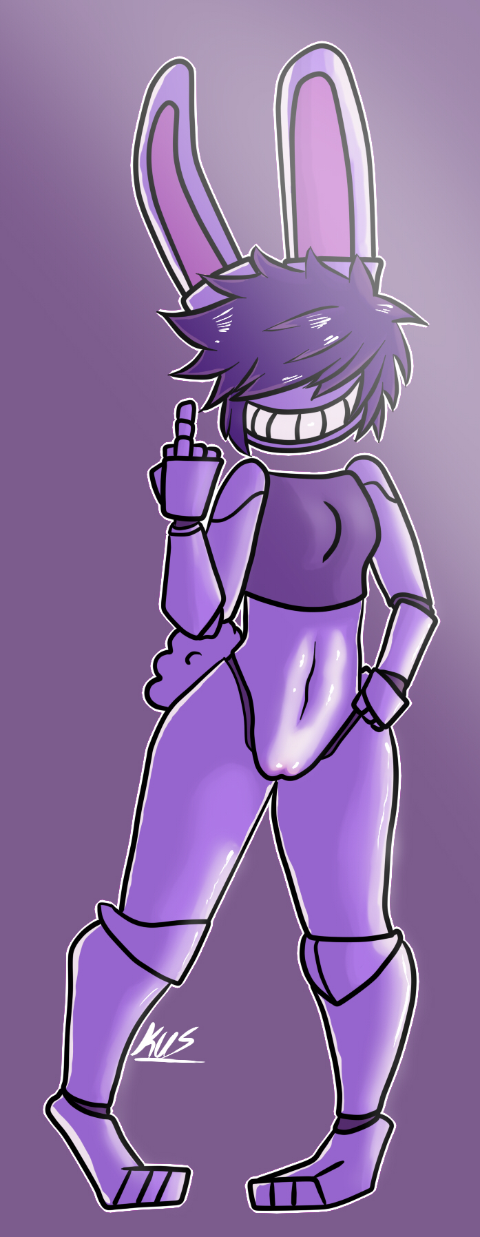 android anthro bottomless clothed clothing curvy_figure female genitals gesture hair hi_res kusama lagomorph leporid machine mammal middle_finger purple_body purple_hair purple_skin pussy rabbit robot rude smile solo