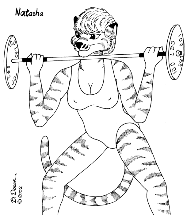 2002 anthro bernard_doove breasts cleavage clothed clothing exercise felid female fur hair mammal monochrome nipple_outline one_piece_suit pantherine solo spread_legs spreading striped_body striped_fur stripes tiger weightlifting workout