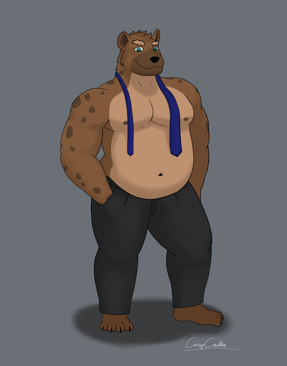 2020 anthro belly bottomwear brown_body brown_fur clothing crispcactus fur hi_res hyaenid male mammal moobs navel nipples overweight overweight_male pants simple_background solo