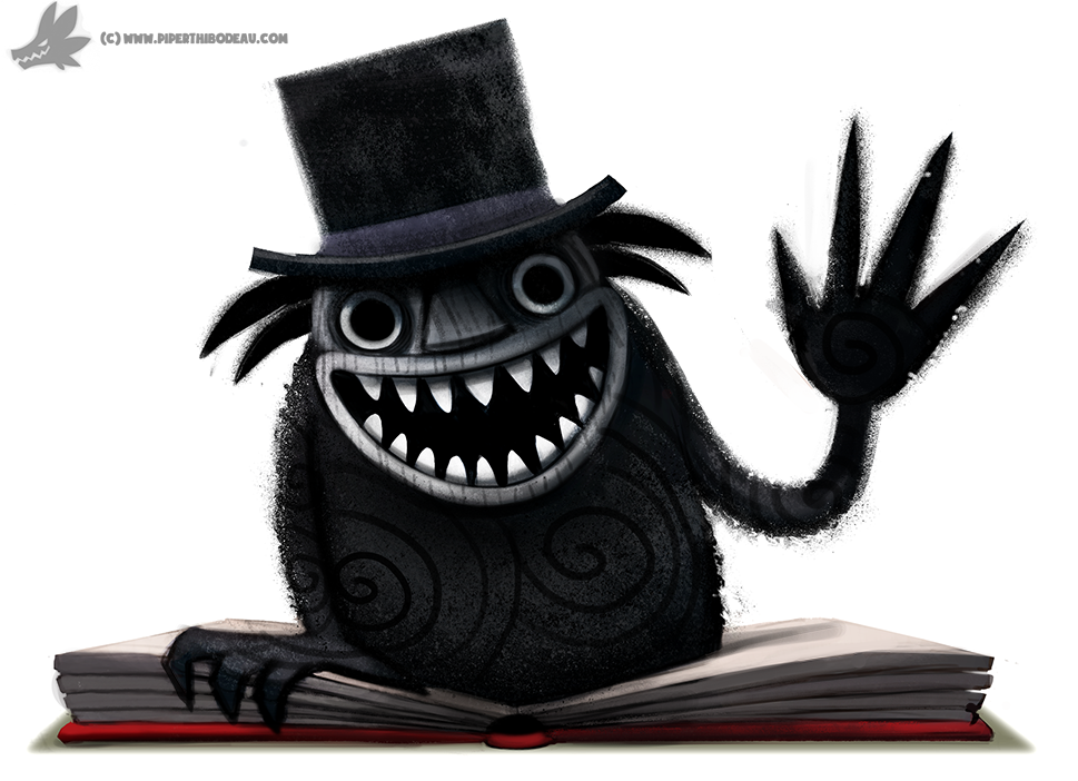 black_body black_eyes black_hair book clothing cryptid-creations digital_media_(artwork) digital_painting_(artwork) fangs hair hat headgear headwear humanoid looking_at_viewer mister_babadook_(the_babadook) open_mouth shaded simple_background solo text the_babadook top_hat url white_background