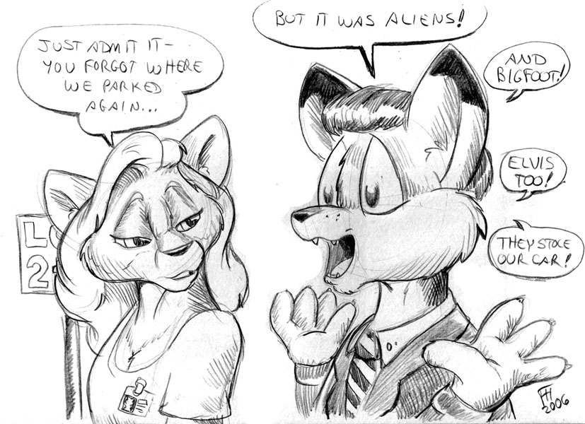 2006 anthro breasts canid canine canis cleavage clothed clothing dialogue dipstick_ears duo english_text female flinters fur hair male mammal monochrome multicolored_ears necktie open_mouth text the_x-files wolf