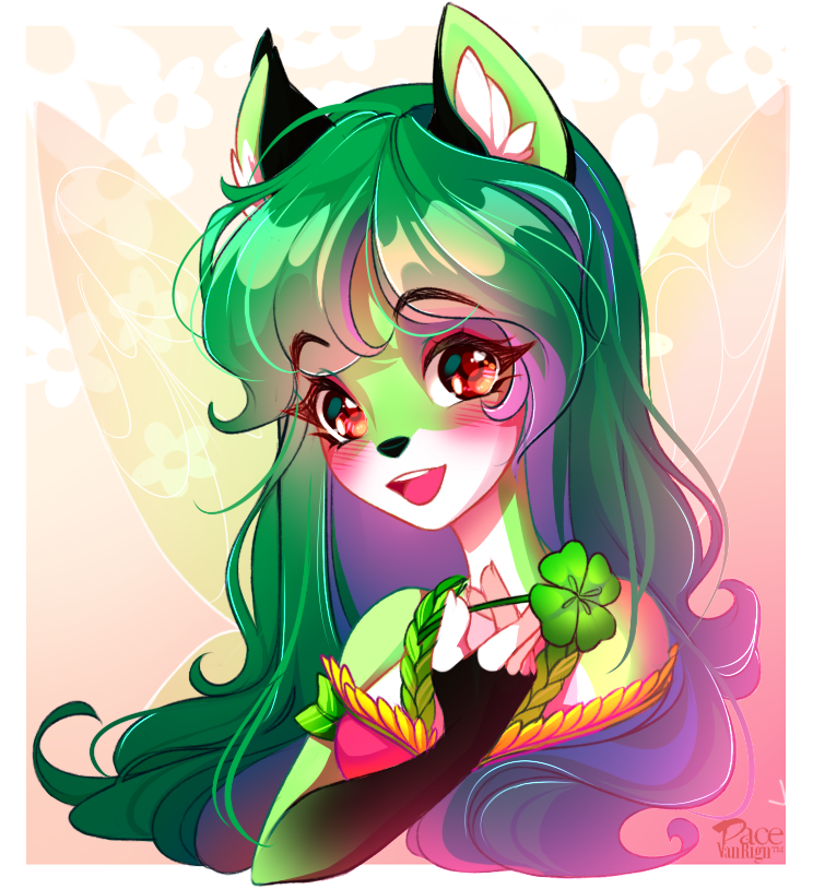 2019 5_fingers anthro black_nose breasts brown_eyes canid canine clothed clothing digital_media_(artwork) eyebrows eyelashes female fingers fox green_hair hair mammal pacevanrign smile solo