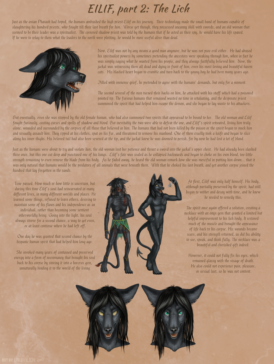 abstract_background animal_genitalia anthro arm_tattoo black_hair blood bodily_fluids canid canine canis casual_nudity clothing eilif english_text fully_sheathed genitals green_clothing green_eyes hair hi_res holding_object jackal lauralien lich looking_aside looking_at_viewer male mammal model_sheet mostly_nude no_pupils nude open_mouth sharp_teeth sheath solo standing tattoo teeth text torn_clothing undead wall_of_text wounded zombie