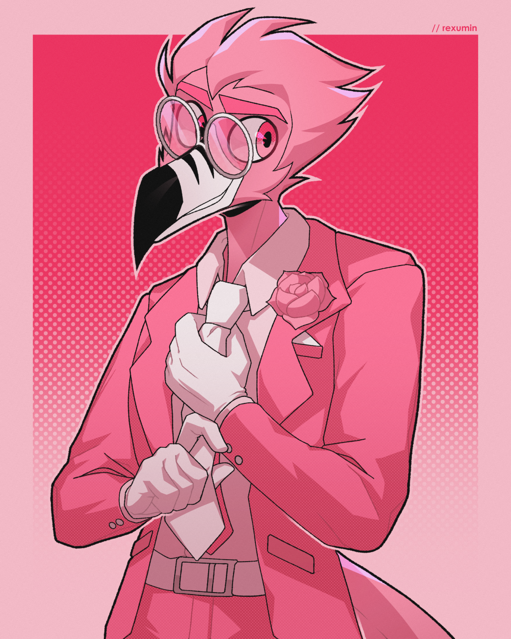 4:5 adjusting_clothing anthro avian beak belt bird bottomwear clothed clothing eyewear feathers flamingo flower fully_clothed glasses hi_res male necktie pants pink_body pink_clothing pink_eyes pink_feathers plant rexumin rose_(flower) smile solo suit
