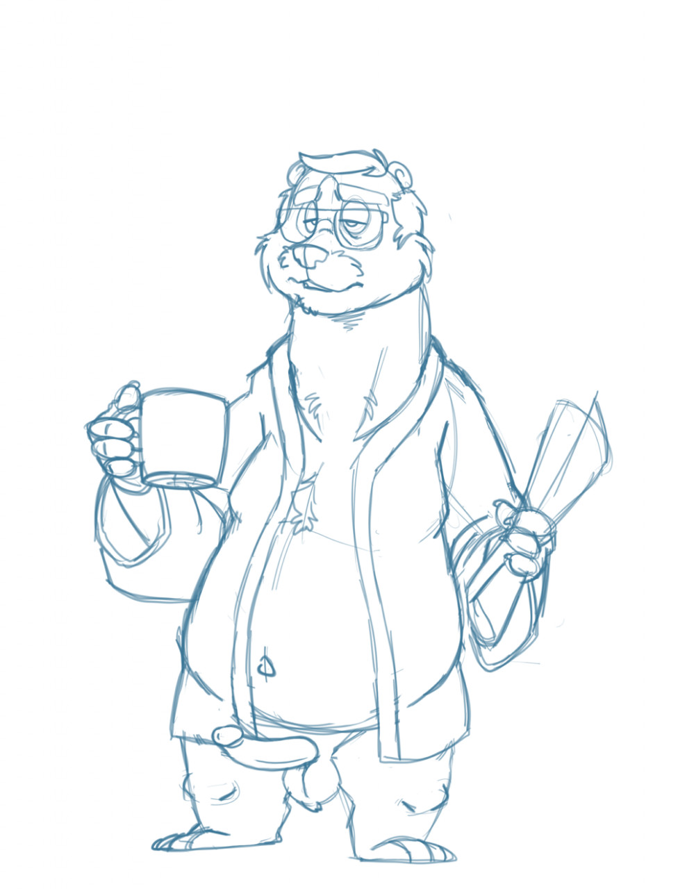 2020 anthro balls bravo clothing cup domestic_ferret erection eyewear genitals glasses hi_res humanoid_hands male mammal mature_male mustela mustelid musteline overweight overweight_male penis robe simple_background sketch solo true_musteline white_background