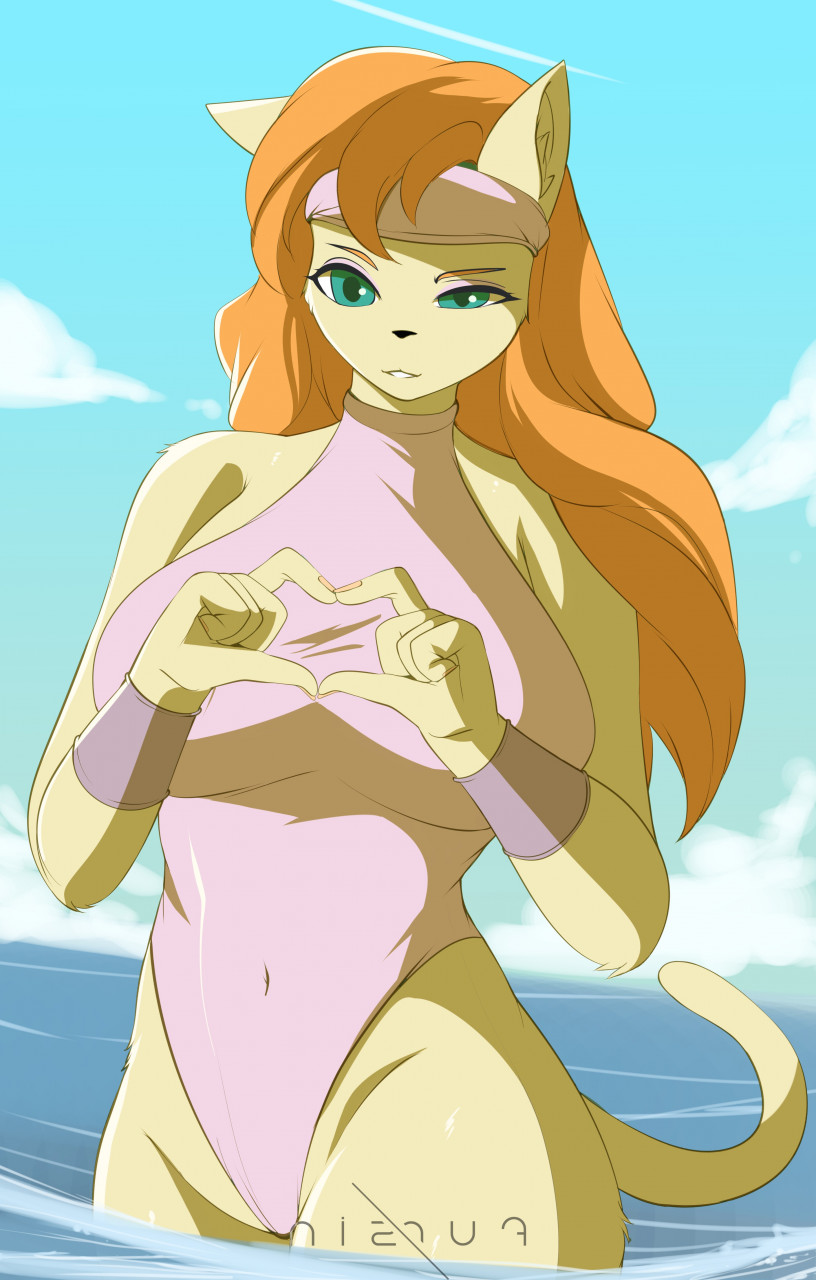 accessory anthro big_breasts breasts cleo_catillac clothing domestic_cat felid feline felis female fursin gesture green_eyes hair hand_heart headband heathcliff_and_the_catillac_cats hi_res mammal navel_outline one-piece_swimsuit orange_hair partially_submerged sea sky solo swimwear water wrist_cuff